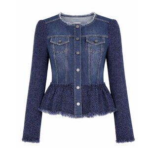 Rebecca Taylor Frayed Blue Tweed Peplum Raw Hem Dark Denim Crop Jacket Size SM